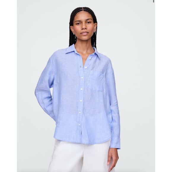 GAP Tops - Gap Boyfriend Oversized 100% Linen Blouse Top Women’s Small Blue